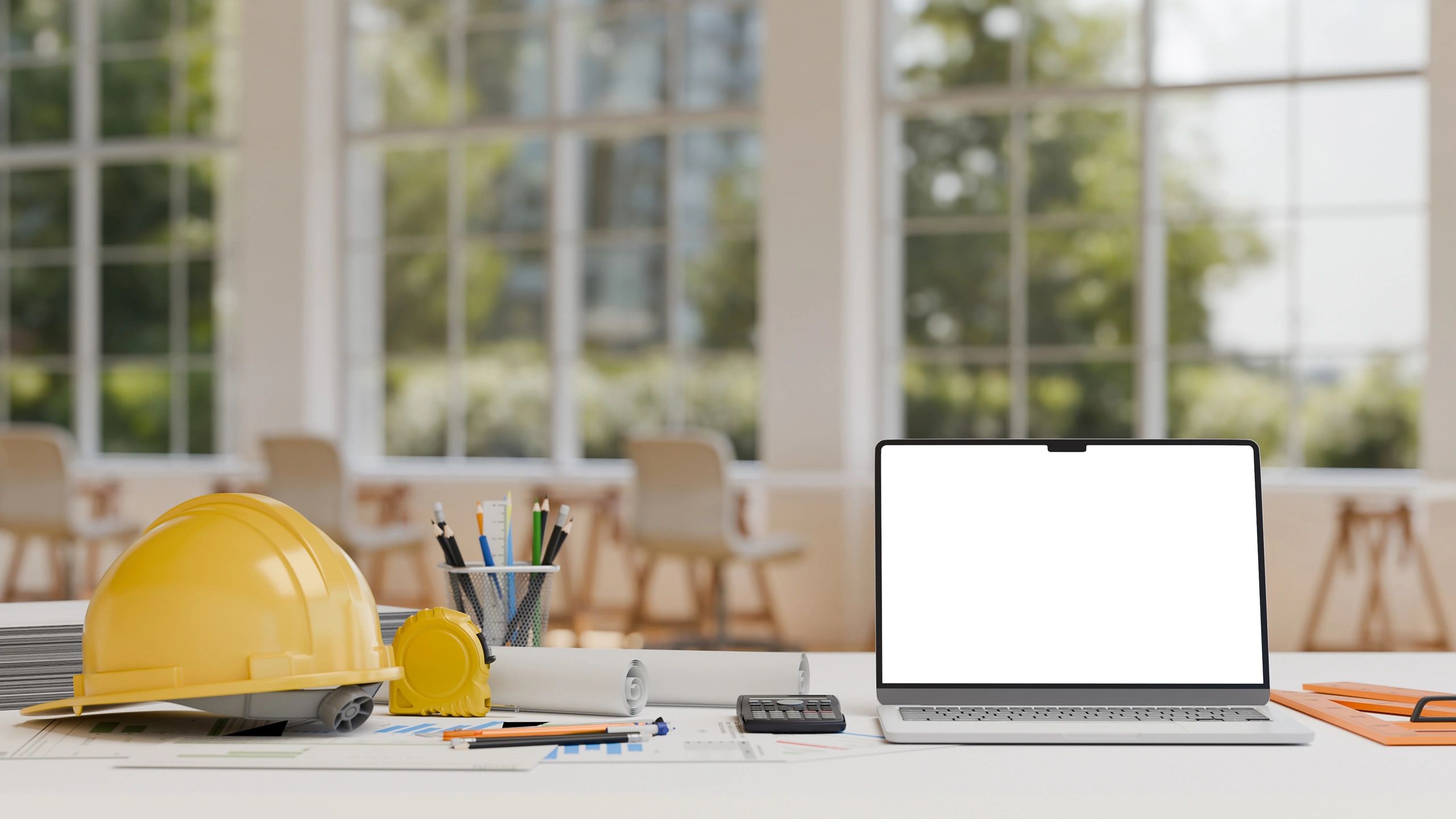 Technical drawing workspace with drafting equipment